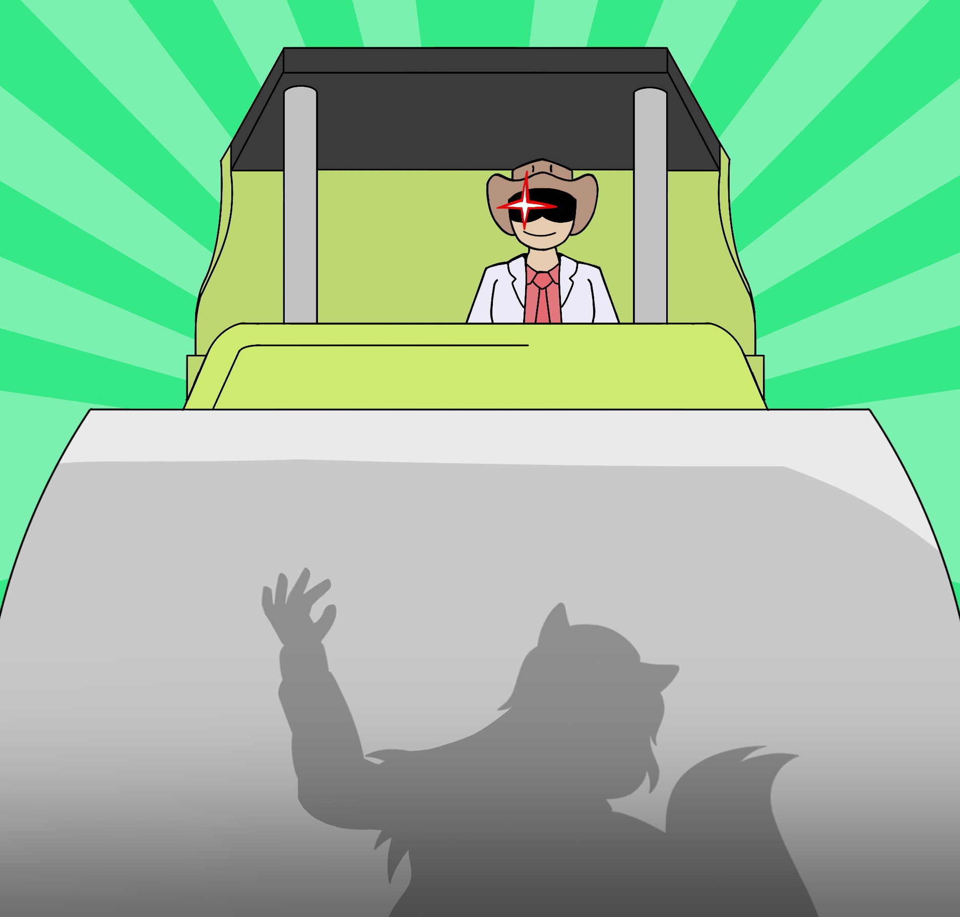 a shot from my fursona's POV, up at the steam roller. the driver's face is in shadow, with his left eye glaring red. you can see my shadow on the roller, still in fear as i'm about to be flattened
